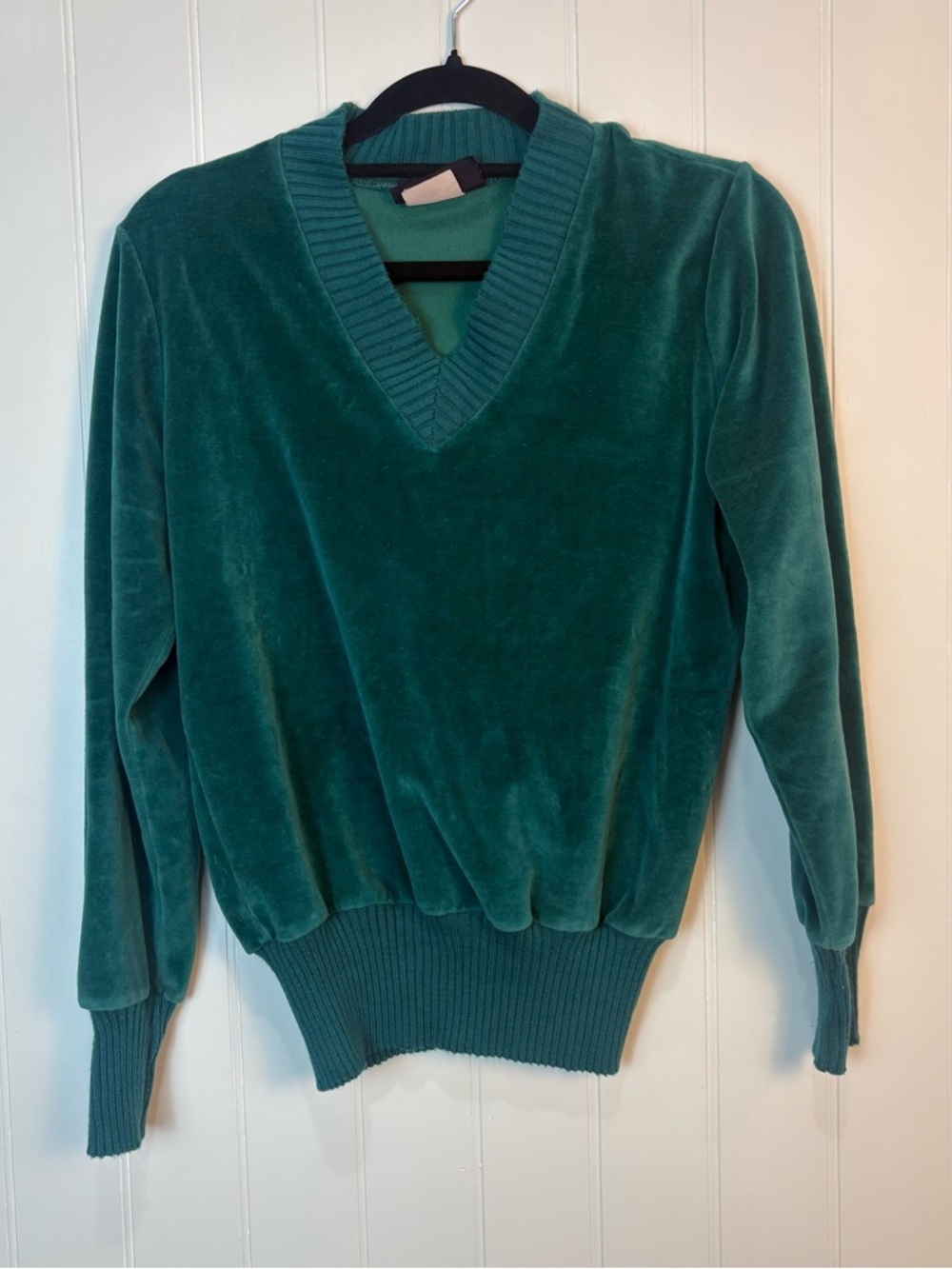 Vintage 80s Teal Green Velour V-Neck Pullover Sweater Ribbed Knit Trim Retro